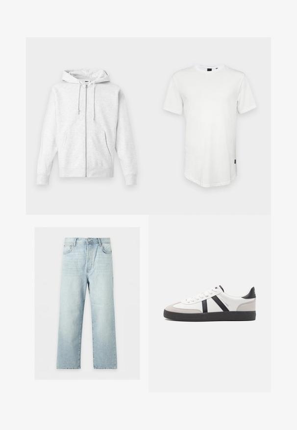 Sudadera con cremallera de color gris claro, fabricada en un tejido suave. Cuenta con capucha con cordón, dos bolsillos frontales y puños acanalados, con un logo sutil en el pecho.; Camiseta blanca de manga corta hecha de algodón, con un escote redondo y una parte trasera ligeramente alargada, con un pequeño logotipo en el lateral.; Vaqueros azul claro de pierna ancha con cinco bolsillos, cierre de botón y cremallera, y lavado ligeramente desteñido, colocados extendidos sobre un fondo blanco.; Zapatilla blanca con acentos en negro y gris, que presenta una puntera texturizada en gris, suela de goma negra y cordones planos blancos. Diseño limpio, estilo minimalista.