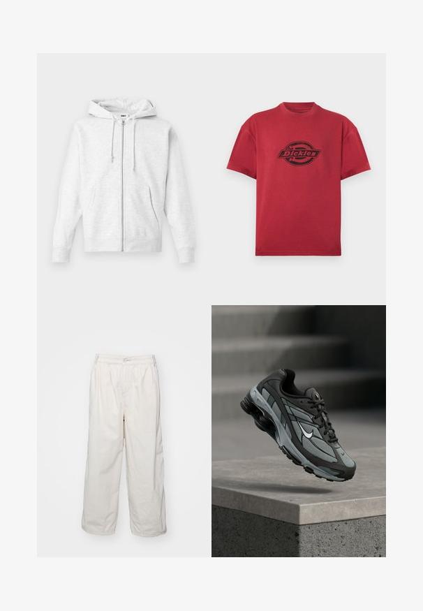 Lichtgrijze zip-up hoodie gemaakt van zachte stof. Bevat een capuchon met trekkoord, twee voorzakken en geribbelde boorden, met een subtiele logo op de borst.; Rood T-shirt met korte mouwen en ronde hals, met een zwarte "Dickies"-logo gedrukt middenvoor.; Witte katoenen wijde broek met een elastische tailleband, voorzien van een knoopsluiting aan de voorkant en zijzakken. Gladde textuur en minimalistisch ontwerp.; Grijze en zwarte sportieve sneaker met meshpanelen en dikke zool, zwevend in de lucht boven een betonnen richel met trappen op de achtergrond.