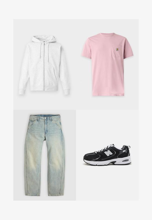 Sudadera con cremallera de color gris claro, fabricada en un tejido suave. Cuenta con capucha con cordón, dos bolsillos frontales y puños acanalados, con un logo sutil en el pecho.; Camiseta rosa lisa de manga corta con un bolsillo en el pecho que muestra un pequeño parche rectangular con el logo de Carhartt.; Vaqueros de pierna ancha en azul claro hechos de denim. Cuentan con cinco bolsillos, cierre de botón y zonas desgastadas para un aspecto envejecido.; Zapatillas deportivas en negro y gris con parte superior de malla y ante, que cuentan con una entresuela blanca, cordones y un llamativo logo "N" en el lateral.
