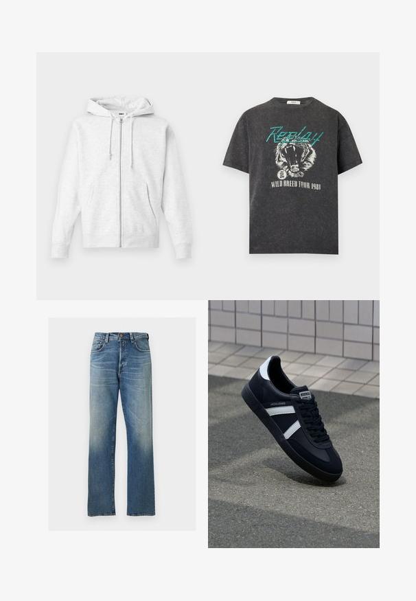 Lichtgrijze zip-up hoodie gemaakt van zachte stof. Bevat een capuchon met trekkoord, twee voorzakken en geribbelde boorden, met een subtiele logo op de borst.; Zwart gewassen T-shirt met turquoise "Replay" tekst, brullende tijger grafiek en witte "Wild Breed Tour 1981" tekst daaronder.; Blauwe rechte spijkerbroek met een licht vervaagde wassing, vijfzakkenontwerp en knoopsluiting in de taille.; Zwarte leren sneaker met witte strepen, een gestructureerde rubberen zool en vetersluiting aan de voorkant. Voorzien van een merklabel op de tong.