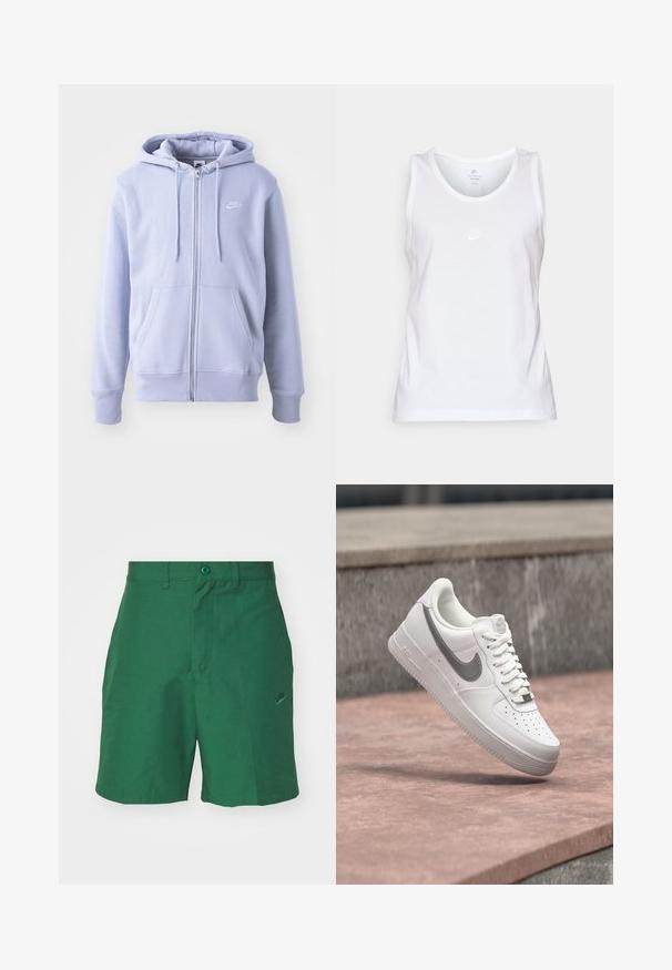 Lysblå zip-hoodie lavet af blødt stof, med en kængurulomme, snørehætte og et lille hvidt logo på brystet.; Hvid bomulds tanktop med rund hals, ærmeløst design og et lille tonet Nike-logo på forsiden. Glat tekstur.; Grønne, vævede shorts med flad front, to sidelommer og et diskret Nike-logo broderet på venstre ben. Har en knaplukning.; Hvid Nike Air Force 1 sneaker med gråt swoosh-logo svævende over en stensurface og en grå stenvæg i baggrunden.