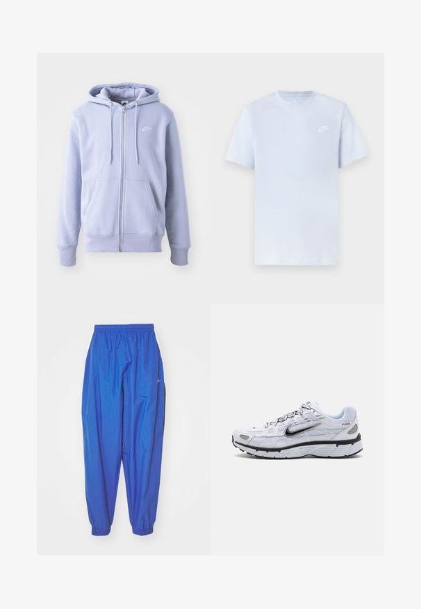 Sudadera con cremallera de color azul claro, hecha de una tela suave, que cuenta con un bolsillo canguro, capucha con cordón y un pequeño logo blanco en el pecho.; Camiseta de algodón de color azul claro con mangas cortas, cuello redondo y un logo blanco de Nike impreso en el pecho izquierdo. Textura suave, diseño sencillo.; Pantalones deportivos azules de tejido ligero, con cintura elástica, dobladillos ajustados y rayas blancas en los lados.; Zapatilla de running blanca con parte superior de malla, punta redondeada, acentos negros y una suela con patrón. Presenta cordones y una marca en el lateral.