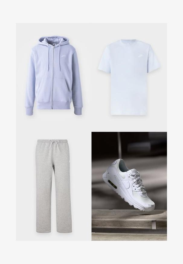 Lysblå zip-hoodie lavet af blødt stof, med en kængurulomme, snørehætte og et lille hvidt logo på brystet.; Lyseblå bomulds t-shirt med korte ærmer, rund hals og et hvidt Nike-logo trykt på venstre bryst. Glat tekstur, simpelt design.; Grå joggingbukser med elastisk talje og snor. Fremstillet af blødt stof, de har lige ben og diskret logodetalje.; Hvide Nike Air Max 90 sneakers med en overdel i mesh og læder, perforeret tåboks og en synlig luftenhed i hælen.