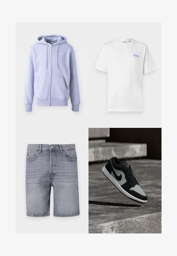 Lysblå zip-hoodie lavet af blødt stof, med en kængurulomme, snørehætte og et lille hvidt logo på brystet.; Hvid T-shirt med korte ærmer og blå "Lamps Mid Century Modern" tekstlogo på venstre bryst samt en rund halsudskæring.; Lette grå denimshorts med klassisk snit, der har fem lommer, knaplukning og en let falmet tekstur.; Sort og grå Nike-sneaker svæver over en tekstureret betonoverflade med stentrin i baggrunden.