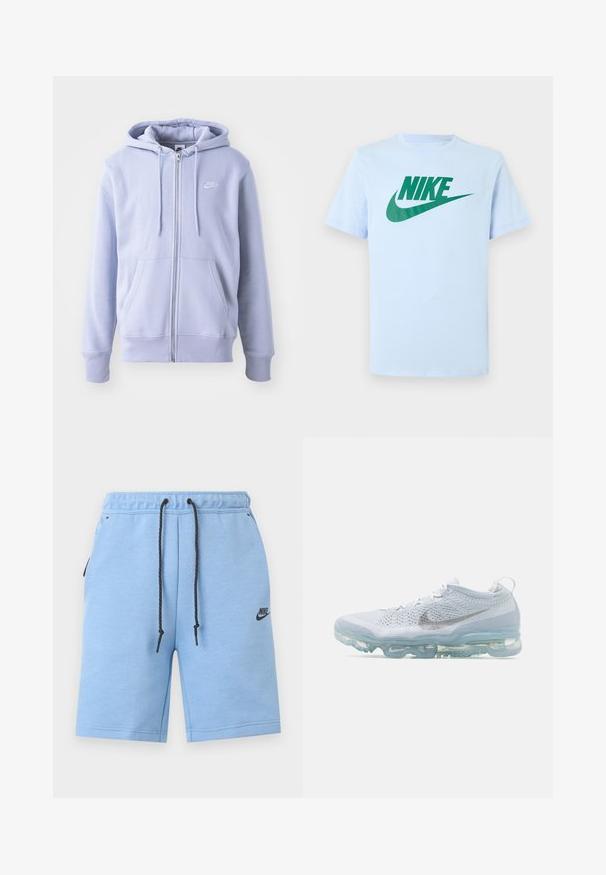Sudadera con cremallera de color azul claro, hecha de una tela suave, que cuenta con un bolsillo canguro, capucha con cordón y un pequeño logo blanco en el pecho.; Camiseta de manga corta color azul claro con logo y swoosh de Nike en verde centrados en el pecho, mostrada sobre un fondo liso.; Pantalones cortos deportivos Nike de color azul claro con cordón negro, cinturilla elástica, bolsillos laterales y logo de Nike en la pierna izquierda.; Nike Air Vapor Max, con una parte superior de malla blanca, swoosh plateado y una mediasuela azul translúcida con amortiguación de aire. Diseño ligero y transpirable.