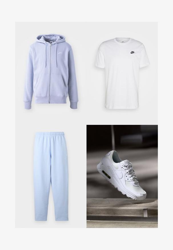 Lysblå zip-hoodie lavet af blødt stof, med en kængurulomme, snørehætte og et lille hvidt logo på brystet.; Hvid bomulds T-shirt med rund hals, korte ærmer og et sort Nike-logo på venstre bryst. Enkel, ensfarvet design.; Lyseblå, lige skårne joggingbukser med elastisk taljebånd, subtilt sidelogo og uden synlige lommer eller yderligere detaljer.; Hvide Nike Air Max 90 sneakers med en overdel i mesh og læder, perforeret tåboks og en synlig luftenhed i hælen.