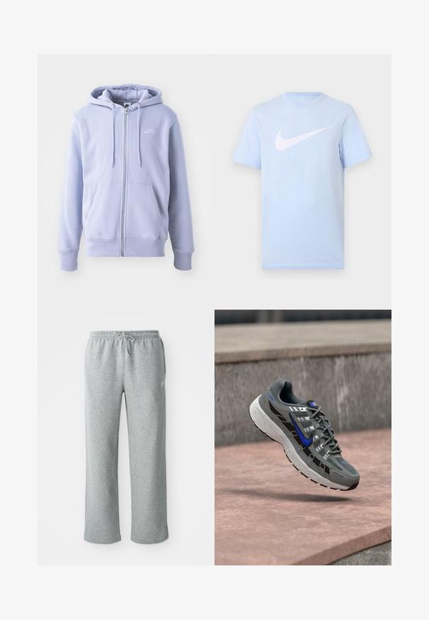 Lysblå zip-hoodie lavet af blødt stof, med en kængurulomme, snørehætte og et lille hvidt logo på brystet.; Lyseblå T-shirt med korte ærmer og en stor hvid Nike swoosh-logo midt på forsiden mod en ensfarvet baggrund.; Grå bomulds sweatpants med elastisk talje, snorelukning og lige ben. Har et lille logo på den øverste venstre side.; Grå og sort Nike løbesko med blå swoosh og hvid sål, svævende over en stenovertflade.