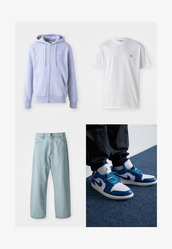 Sudadera con cremallera de color azul claro, hecha de una tela suave, que cuenta con un bolsillo canguro, capucha con cordón y un pequeño logo blanco en el pecho.; Camiseta de algodón blanca con mangas cortas, cuello redondo, que presenta un pequeño logo dorado en la parte izquierda del pecho. Textura suave y corte regular.; Jeans de mezclilla azul claro con diseño de pierna ancha. Cuenta con cinco bolsillos, cierre frontal con botón y cremallera, y textura ligeramente desgastada.; Las zapatillas Nike Air Jordan cuentan con una base de cuero blanco con acentos sintéticos azules, una caja de dedos perforada y cordones azules.