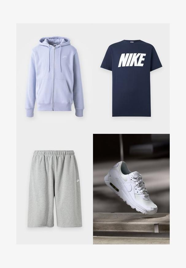 Lysblå zip-hoodie lavet af blødt stof, med en kængurulomme, snørehætte og et lille hvidt logo på brystet.; Mørkeblå t-shirt med korte ærmer og rund halsudskæring, med stort hvidt Nike-logo centreret på forsiden.; Grå bomuldsshorts med elastik i taljen, med løs pasform og et lille hvidt logo nær kanten. Glat tekstur, længde over knæet.; Hvide Nike Air Max 90 sneakers med en overdel i mesh og læder, perforeret tåboks og en synlig luftenhed i hælen.