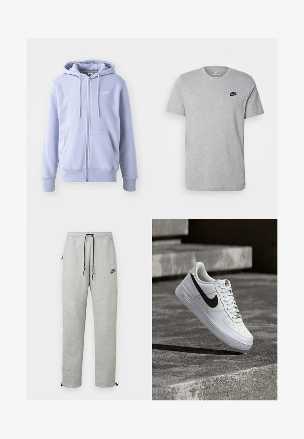Sudadera con cremallera de color azul claro, hecha de una tela suave, que cuenta con un bolsillo canguro, capucha con cordón y un pequeño logo blanco en el pecho.; Camiseta de manga corta gris de algodón, con un logo negro de Nike en el pecho y un cuello redondo. Diseño minimalista sin patrones.; Pantalones de chándal Nike grises con cintura ajustable por cordón, bolsillos laterales y puños elásticos. Presentan una textura suave y un detalle del logo negro en contraste.; Zapatilla blanca Nike Air Force 1 con el logo Swoosh negro, cordones atados, posicionada en el aire sobre una superficie de concreto texturizado al aire libre.