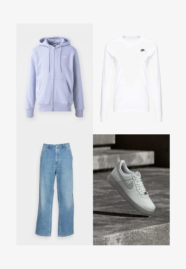 Lichtblauwe ritssluiting hoodie van zacht materiaal, met een kangoeroezak, een capuchon met trekkoord en een klein wit logo op de borst.; Witte lange mouwen T-shirt van katoen, met een klein zwart Nike-logo op de linkerkant van de borst en een ronde halslijn. Gladde textuur.; Lichtblauwe wijde jeans gemaakt van denim. Heeft een hoge taille, knoopsluiting en een standaard vijf-pocket ontwerp. Gladde textuur.; Witte Nike Air Force 1 sneaker zwevend boven een geribbelde betonnen ondergrond met stenen traptreden op de achtergrond.