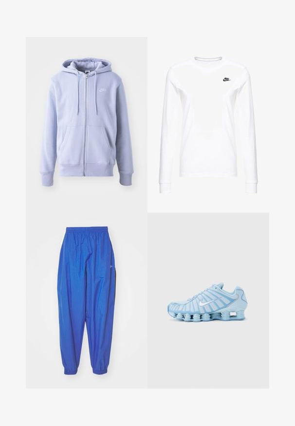 Lysblå zip-hoodie lavet af blødt stof, med en kængurulomme, snørehætte og et lille hvidt logo på brystet.; Hvid langærmet T-shirt lavet af bomuld, med et lille sort Nike-logo på venstre bryst og en rund halsudskæring. Glat tekstur.; Blå sportsbukser lavet af letvægtsstof, med elastisk talje, opsmøgte ben og hvide sidelister.; Lyseblå atletiksneaker med hvid Nike-swoosh, karakteristisk opdelt støddæmpende sål og stribet mesh-overdel.