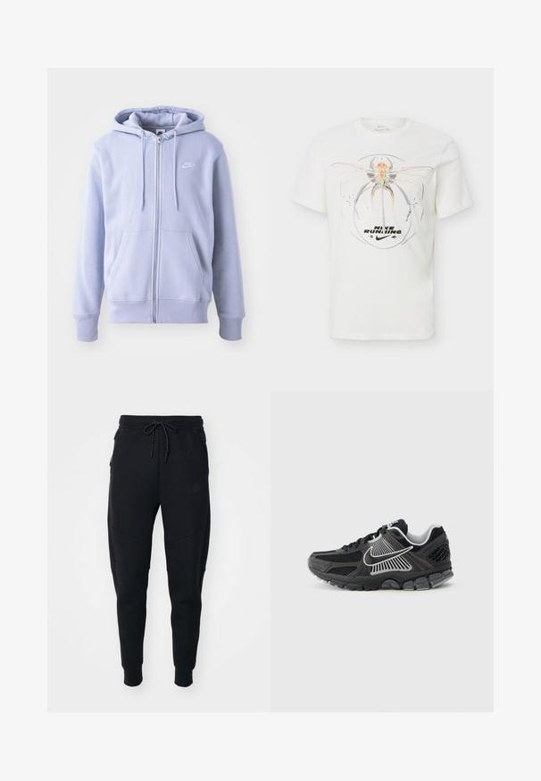 Lysblå zip-hoodie lavet af blødt stof, med en kængurulomme, snørehætte og et lille hvidt logo på brystet.; Hvid Nike T-shirt med en stor abstrakt guldsmed-grafik og teksten "Nike Running" over Nike swoosh-logoet på fronten.; Sorte joggere lavet af blødt stof, med snoretræk i taljen, smalle ben og sidelommer med et elegant design.; Sort atletiksko med meshpaneler og syntetiske detaljer. Har en rundet tå, tyk polstret sål og kontrasterende hvide logodetaljer.