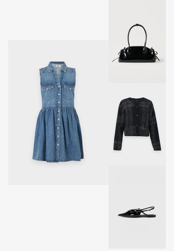 Cardigan flou noir et gris avec un col rond, des manches longues et cinq boutons sur le devant. Texture douce avec un design court.; Robe sans manches en denim bleu avec un col chemise, fermeture boutonnée à l'avant, deux poches à rabat sur la poitrine, et une taille froncée créant une jupe évasée.; Chaussures slingback en cuir verni noir avec un bout pointu, dotées de brides croisées et d'accents de quincaillerie dorée. Semelle plate.; Petit sac à main noir brillant avec deux longues anses et des détails à cordon sur les côtés sur un fond clair uni.