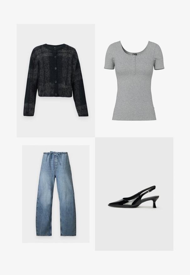 Cardigan flou noir et gris avec un col rond, des manches longues et cinq boutons sur le devant. Texture douce avec un design court.; Haut gris côtelé à manches courtes avec un col rond en U et quatre petits boutons en ligne au centre devant.; Jean denim bleu clair à jambes larges avec taille élastique et cordon, présentant des détails délavés sur les poches avant et arrière.; Escarpins en cuir verni noir avec un bout pointu et un petit talon carré. Sangle réglable à la cheville avec boucle.