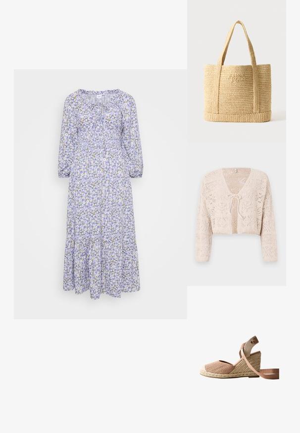 Hæklet beige cardigan med åben front, lange ærmer og båndlukning. Har geometriske mønstre og en cropped design.; Blomstret kjole med lilla bund, prydet med hvide og gule blomster. Lange ærmer, rynket halsudskæring og lagdelt kant. Letvægtsstof.; Kileespadrille med vævet beige og pink stofoverdel, flettet jutesål og pink ankelbånd på hvid baggrund.; Beige flettet stråtaske med to skulderstropper og subtil kursiv broderi foran, sat mod en ensfarvet baggrund.