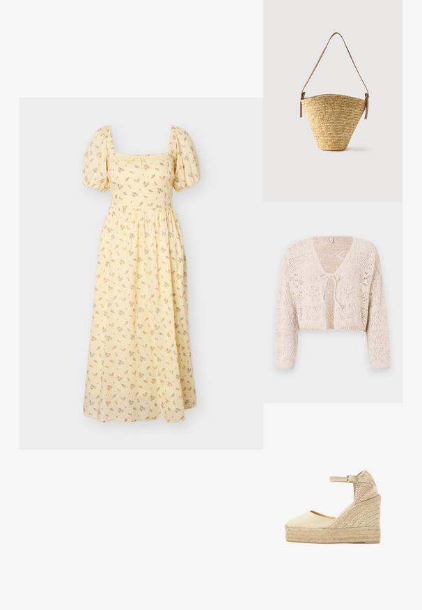 Gehaakt beige cardigan met open voorkant, lange mouwen en een striksluiting. Bevat geometrische patronen en een cropped ontwerp.; Geel midijurk met pofmouwen, vierkante halslijn, subtiele bloemenprint en een geplooide taille.; Beige sleehak espadrille met gewebd jute plateau, gesloten teen, enkelbandje met gesp en een textuur hielkap in neutrale tinten.; Gevlochten strooien bucketbag met brede basis, smalle bovenkant en verstelbare bruine leren schouderriem.