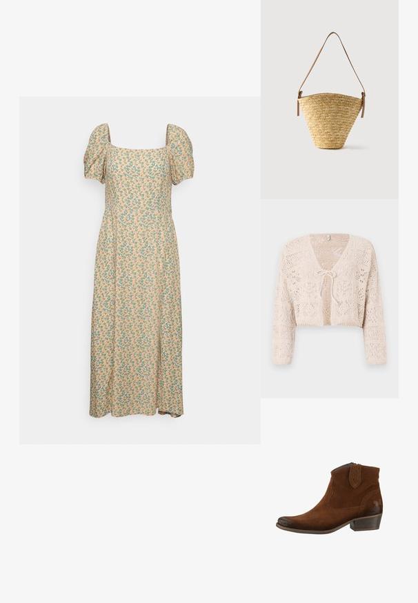 Hæklet beige cardigan med åben front, lange ærmer og båndlukning. Har geometriske mønstre og en cropped design.; Even&Odd by Zalando Hverdagskjole - green/pink; Felmini STIEFELETTE - Cowboy- / bikerstøvlette - brown; Flettet stråtaske med bred bund, smal top og justerbar brun læder skulderrem.