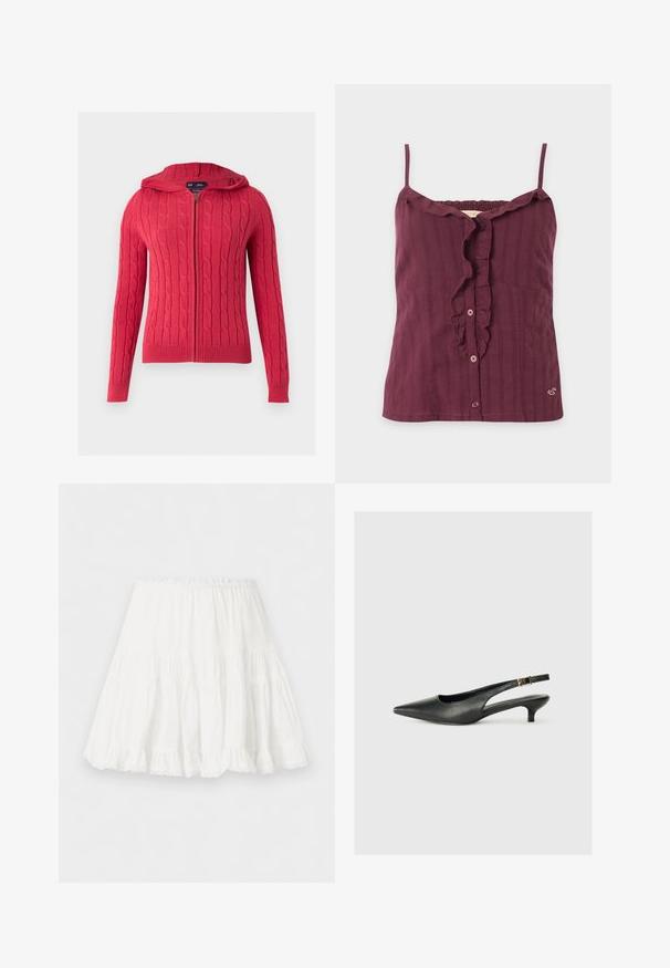 Sweat à capuche rouge en maille torsadée avec fermeture éclair, manches longues et bords-côtes aux poignets et à l’ourlet, sur un fond clair uni.; Haut sans manches bordeaux avec fines bretelles, fermeture à boutons devant, encolure et patte à volants, avec une texture subtile à rayures verticales.; Jupe blanche à volants avec taille élastique et ourlet volanté, fabriquée en tissu léger.; Chaussure slingback noire à bout pointu en cuir lisse. Présente un talon fin et un détail de boucle sur la sangle réglable.