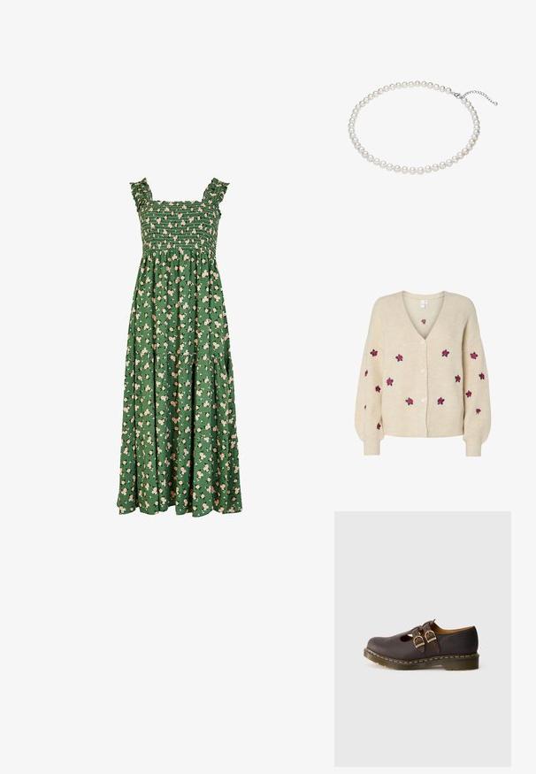 Cardigan en maille beige avec un col en V, texture côtelée, fermeture à cinq boutons à l'avant et roses brodées roses. Manches longues avec poignets ajustés.; Robe maxi verte avec un corsage smocké, des bretelles froncées, et un motif floral avec des fleurs roses claires. Comprend un design de jupe à volants.; Chaussure en cuir marron foncé avec des sangles à double boucle, un design perforé au niveau des orteils et une semelle épaisse translucide avec des coutures jaunes.; Collier en perles blanches avec des perles de taille uniforme, texture lisse, et un fermoir en argent avec une chaîne ajustable pour la personnalisation de la longueur.