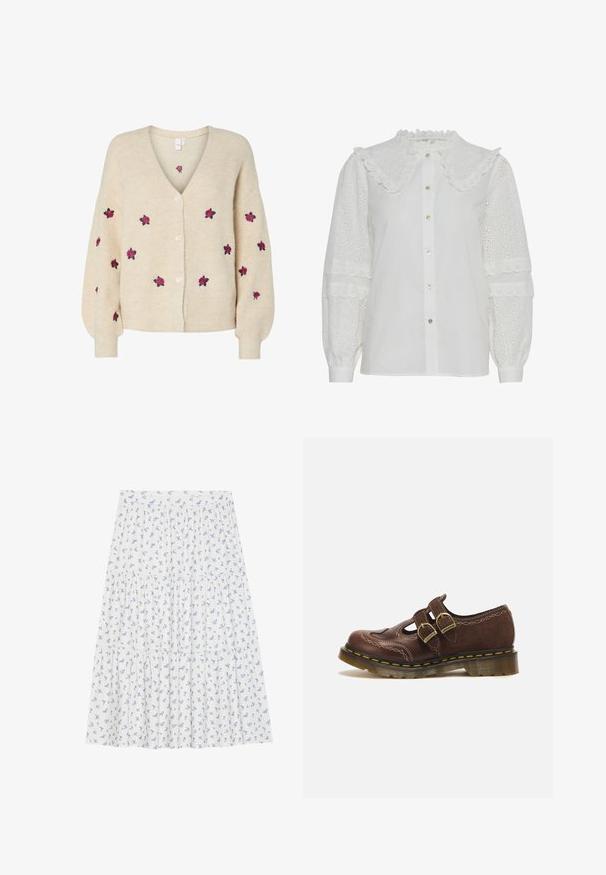 Cardigan en maille beige avec un col en V, texture côtelée, fermeture à cinq boutons à l'avant et roses brodées roses. Manches longues avec poignets ajustés.; Blouse blanche avec un col volanté, fermeture à boutons et détails en broderie sur les manches bouffantes. Présente un éclat subtil et une texture douce.; Jupe florale en tissu léger, avec un fond blanc agrémenté de petites fleurs bleues, design à volants et taille élastique.; Chaussure en cuir marron à bout fermé avec deux boucles, couture décorative et semelle épaisse en caoutchouc translucide avec surpiqûres jaunes.