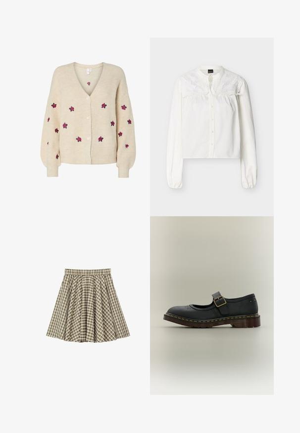 Beige strikjakke med V-udskæring, ribbet tekstur, fem-knaps frontlukning og broderede lyserøde roser. Lange ærmer med tætsiddende manchetter.; Hvid bluse med lange ærmer, forreste knapper og broderet blomsterblonde-detalje på øvre bryst og skuldre.; Plisseret nederdel med elastisk talje i beige, hvid og brun ternet mønster, vist fladt på en hvid baggrund.; Sort læder Mary Jane-sko med spænde, dekorative blomster-perforeringer og en tyk brun sål med gul syning.