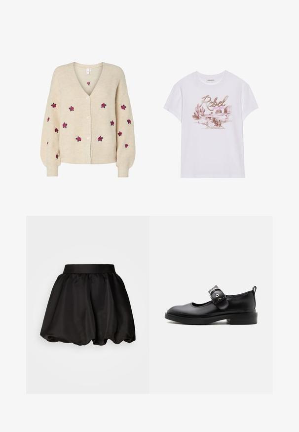 Beige strikjakke med V-udskæring, ribbet tekstur, fem-knaps frontlukning og broderede lyserøde roser. Lange ærmer med tætsiddende manchetter.; Hvid bomulds T-shirt med et grafisk print, der viser ordene "Rebel Dusty Boots", kaktusser og ørkenlandskaber i pink og brune nuancer.; Sort satin nederdel med en bred taljeelastik, der har en voluminøs, bobleform. Glat tekstur uden synlige mønstre eller hardwaredetaljer.; Sort læder Mary Jane-sko med tyk sål, rundet tå, sølvspænde og trækflig bagpå.