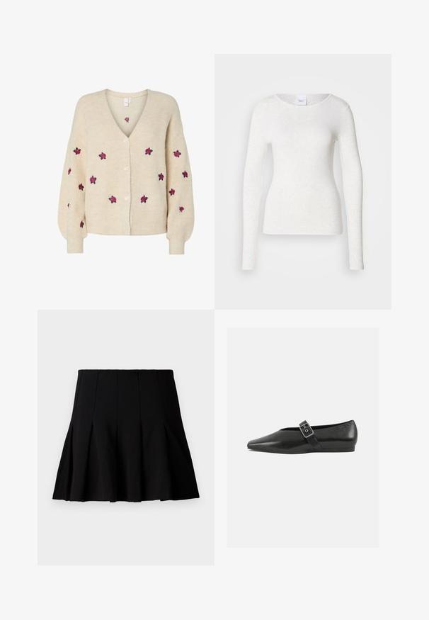 Beige strikjakke med V-udskæring, ribbet tekstur, fem-knaps frontlukning og broderede lyserøde roser. Lange ærmer med tætsiddende manchetter.; Hvid langærmet t-shirt i et blødt, letvægtsstof med rund halsudskæring og slank pasform, der har en diskret struktur.; Sort kort plisseret nederdel lavet af et glat stof. Har en elastisk talje og en flagrende silhuet, der når til midten af låret.; Sorte læder flade sko med spidse tæer, prydet med en metallisk spænde over vristen og en lav, fleksibel sål.