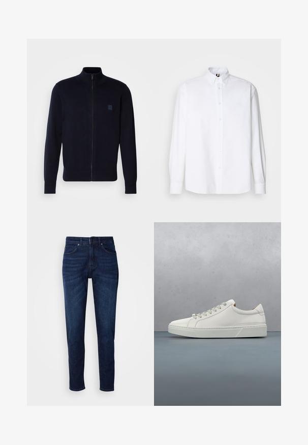 Cárdigan azul marino de cremallera fabricado en un material de punto suave, con un cuello alto, mangas largas y un pequeño parche de logo cuadrado en el pecho.; Camisa blanca de manga larga y cierre de botones, hecha de algodón, con un cuello clásico y un sutil detalle bordado en el pecho. Textura suave, corte regular.; Jeans de mezclilla azul oscuro con un diseño de pierna recta, que cuentan con bolsillos y un cierre de botón en la cintura. Textura suave, detalles de desvanecimiento mínimos.; Zapatilla blanca de cuero con punta redondeada, diseño minimalista, cordones grises y suela de goma texturizada gris. Detalles de costura sutiles visibles.