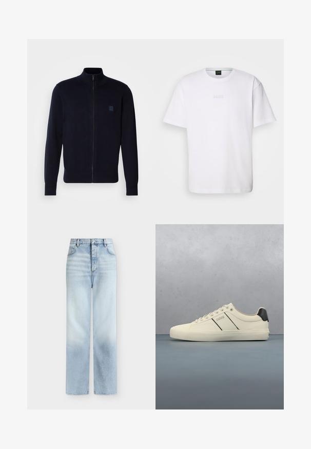 Marine blauwe cardigan met rits, gemaakt van een zachte breimateriaal, met een hoge kraag, lange mouwen en een klein vierkant logo op de borst.; Witte katoenen T-shirt met korte mouwen, ronde halslijn en reliëf 'BOSS' logo op de borst. Veilig textuur, standaard pasvorm.; Lichtblauwe, hoog getailleerde, rechte jeans met voorzakken, riemlussen en een knoopsluiting.; Crème-kleurige sneakers met een gladde textuur, voorzien van zwarte accenten en branding. Tijdloos vetersysteem met een ronde neus en rubberen zool.