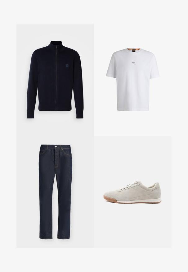 Marine blauwe cardigan met rits, gemaakt van een zachte breimateriaal, met een hoge kraag, lange mouwen en een klein vierkant logo op de borst.; Witte katoenen T-shirt met korte mouwen, voorzien van een zwart "BOSS"-logo in het midden van de borst en een ronde halsontwerp.; Donkerblauwe rechte spijkerbroek met knoop- en ritssluiting aan de voorkant, riemlussen en voor- en achterzakken.; Lichtbeige suède sneaker met witte veters, rubberen zool en subtiele stikseldetails, getoond vanaf de linkerkant op een witte achtergrond.