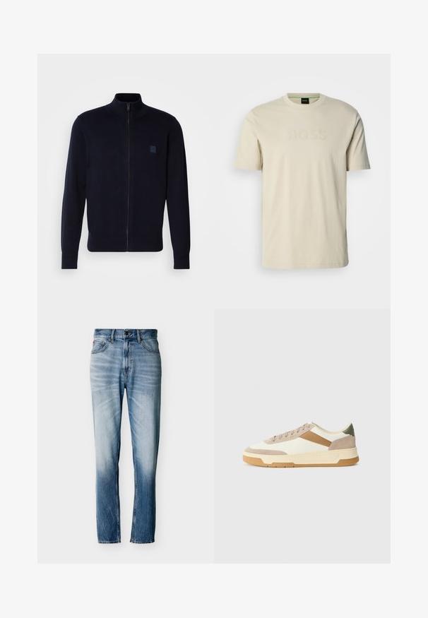 Marine blauwe cardigan met rits, gemaakt van een zachte breimateriaal, met een hoge kraag, lange mouwen en een klein vierkant logo op de borst.; Roomkleurig T-shirt gemaakt van katoen, met een ronde hals en korte mouwen. Het "BOSS"-logo is op de voorkant in reliëf aangebracht. Gladde textuur.; Verbleekte blauwe jeans met rechte pijpen, vijf zakken, knoopsluiting en riemlussen, plat uitgestald op een witte achtergrond.; Sneakers in beige, crème en olijfgroen, met suede en leer, een ronde neus, een minimalistisch ontwerp en een rubberen zool.