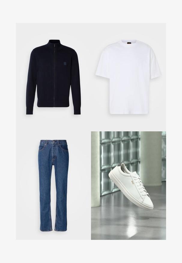 Marineblå zip-up cardigan lavet af blødt strikmateriale, med en høj krave, lange ærmer og et lille firkantet logo-patch på brystet.; Hvid bomulds T-shirt med rund hals, korte ærmer og en afslappet pasform. Har strukturerede skuldersømme for ekstra detaljer.; Blå denimjeans med lige snit, fem-lomme-design og lys syning. Har lynlås og knaplukning foran.; Hvid læder lav-top sneaker med snørebånd, sort hælflig og "BOSS"-logo, svævende indendørs nær glasblok væg og poleret gulv.