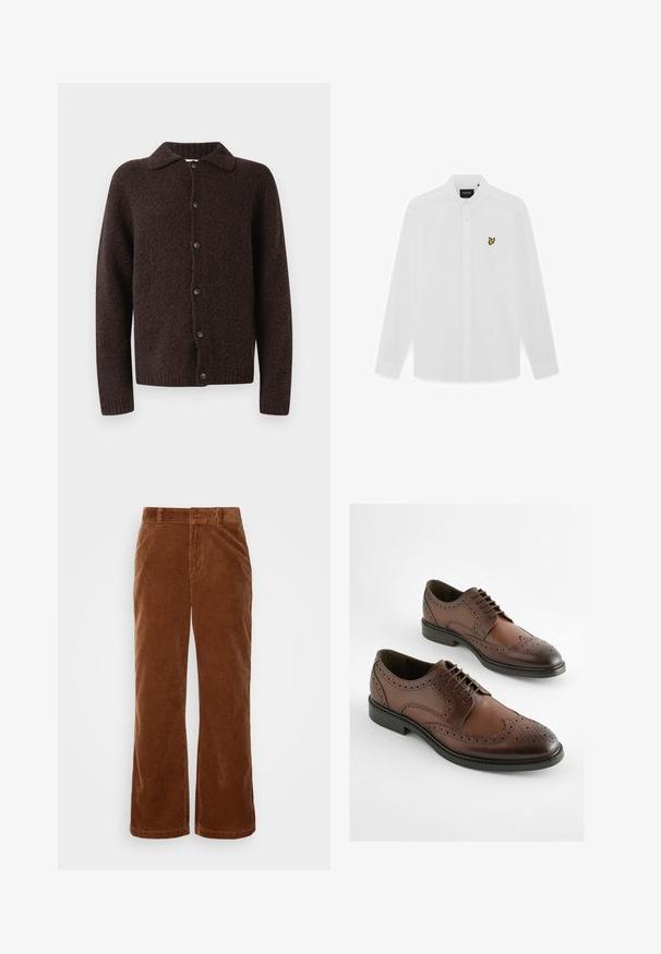 Cardigan de lana de color marrón oscuro, con botones, mangas largas, cuello y un acabado de tela suave y texturizada.; Camisa blanca de manga larga con botones, cuello doblado y pequeño logo de un pájaro amarillo en el lado izquierdo del pecho.; Pantalones de pana marrón con un diseño de pierna ancha, que presentan una textura acanalada vertical, cierre de botón y trabillas para cinturón estándar.; Zapatos derby de cuero marrón con diseño de brogue, punta afilada y suela de goma plana. Perforaciones intrincadas a lo largo de los bordes.