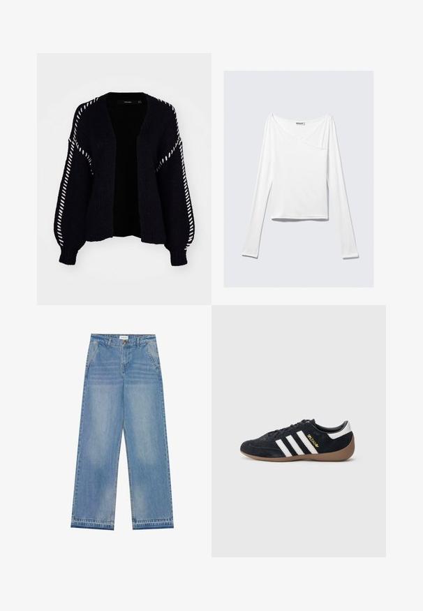 Vero Moda FENG LS V-NECK GA BOO - Gilet - black; Haut blanc à manches longues avec un design croisé et une poche. Fabriqué dans un tissu lisse et extensible. Coupé dans une coupe décontractée et ample.; Jean large taille haute bleu clair avec fermeture à bouton, poches avant, passants de ceinture et détails légèrement décolorés.; Baskets en daim noir avec trois bandes blanches, semelle en caoutchouc beige, et un petit logo doré sur le côté. Dotées d'une doublure intérieure noire lisse.