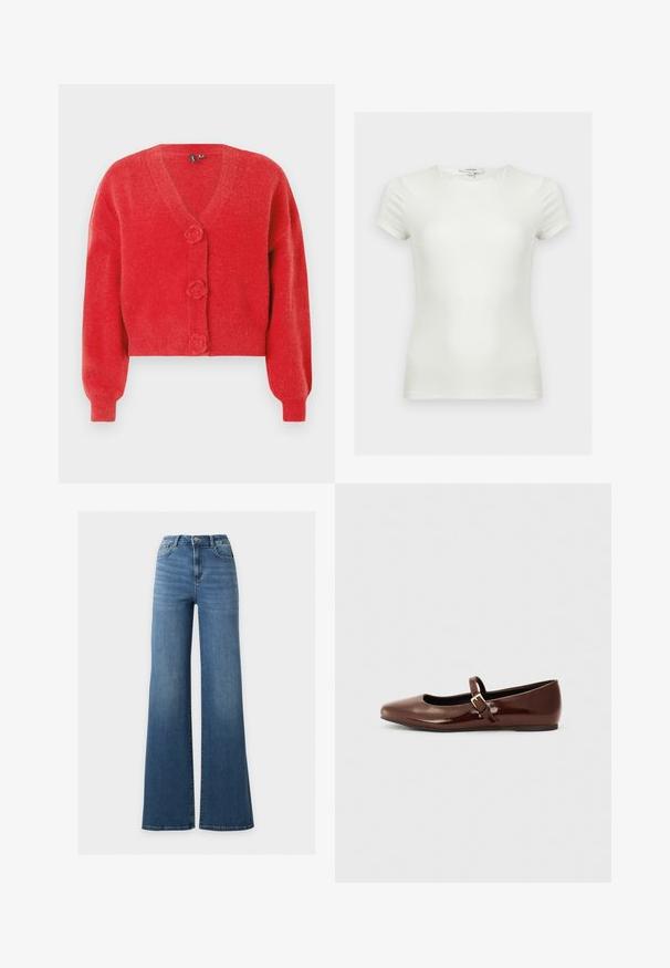 Rød cardigan med V-hals, tre dekorative knapper formet som blomster og ribbede manchetter. Lavet af blødt, struktureret stof. Kort pasform.; Plain hvid tætsiddende t-shirt med korte ærmer og rund halsudskæring, vist på en neutral baggrund.; Blå høj talje vidde jeans med frontknap og lynlås, to forlommer og et klassisk fem-lomme design.; Brun patentlæder balletflade med firkantet tå og strop med en lille guldbuckle. Glat tekstur, lav hæl og minimalistisk design.