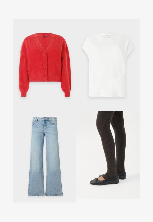 Rød cardigan med V-hals, tre dekorative knapper formet som blomster og ribbede manchetter. Lavet af blødt, struktureret stof. Kort pasform.; Hvid t-shirt med korte ærmer med optrukne ærmer og rund halsudskæring, vist fladt på en lys grå baggrund.; Lyseblå høj talje denimjeans med let slid og brede, udvidede ben, vist fladt på en hvid baggrund.; Ben iført mørke ribbede leggings kombineret med sorte balletsko med små sløjfedetaljer på hvid baggrund.