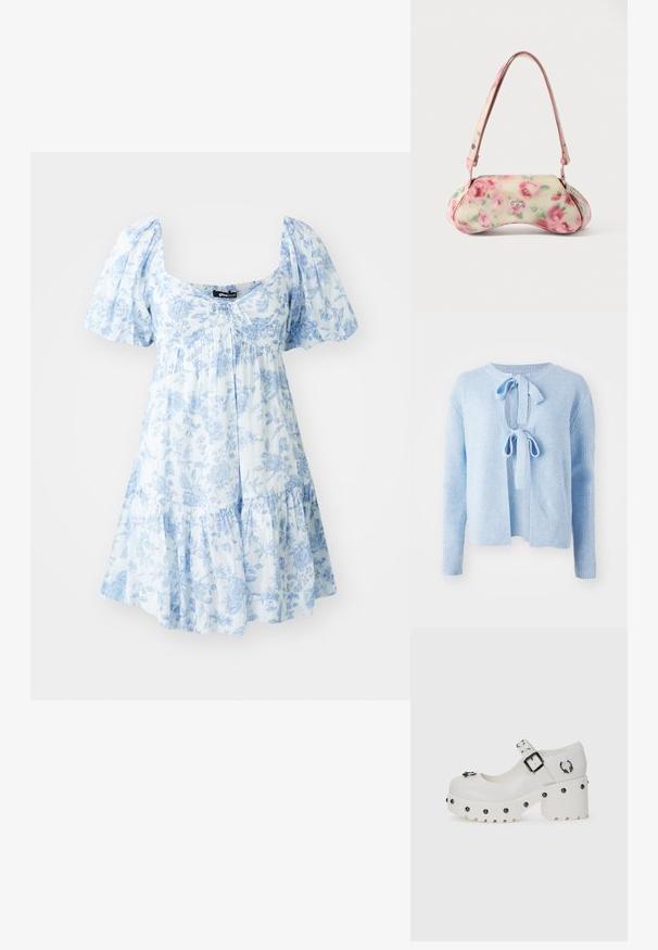 Svetlo modrý rebrovaný sveter s okrúhlym výstrihom, predným zapínaním na viazanie a dlhými rukávmi. Mäkka textura a uvoľnený strih.; Kvetinové šaty v svetlo modrej a bielej farbe, s naberanými rukávmi, štvorcovým výstrihom, vrstveným spodkom a sťahovacou šnúrkou vpredu.; Biele platformové topánky s zaoblenou špičkou, prackou a okrúhlymi cvočkami. Textúrovaná podrážka s nízkym podpätkom a dekoračnými kovovými detailmi.; Kabelka s kvetinovým potlačou v zakrivenej forme, prevažne krémová s ružovými ružami, s ružovým popruhom a strieborným logom. Hladká textúra.