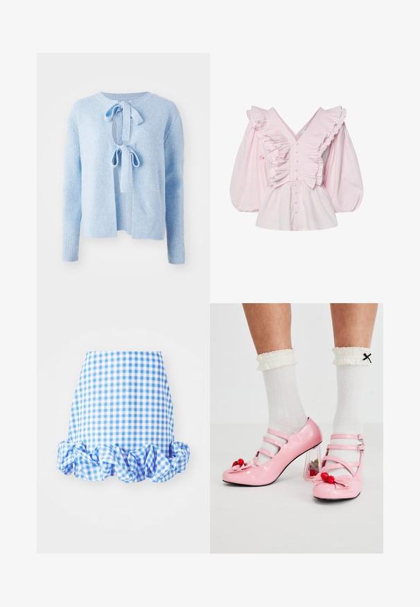 Suéter de canalé azul claro con escote redondo, apertura frontal con cierre atado y mangas largas. Textura suave con un ajuste relajado.; Blusa de algodón rosa con un escote en V profundo, detalles con volantes a lo largo del torso y mangas abullonadas voluminosas con cierre de botón.; Falda de cuadros en azul y blanco con un dobladillo con volantes. Presenta una silueta ajustada y una textura de tela suave. El patrón consiste en pequeños cuadros a cuadros.; Tacones de charol rosa con punta redondeada, tres tiras y adornos de cereza. El tacón bloque transparente presenta acentos florales. Calcetines blancos con relieve.
