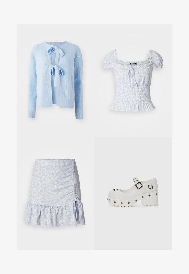 Suéter de canalé azul claro con escote redondo, apertura frontal con cierre atado y mangas largas. Textura suave con un ajuste relajado.; Blusa de estampado floral en azul claro con mangas cortas abullonadas, cuerpo fruncido y cuello y dobladillo con volantes. Presenta un lazo en la parte delantera.; Falda mini de color azul claro con un patrón floral, detalle fruncido en el lateral y un dobladillo con volantes. Tejido texturizado con acentos de cordón.; Zapatos de plataforma blancos con punta redondeada, correa con hebilla y tachuelas circulares. Suela texturizada con un ligero tacón y detalle decorativo de herrajes.