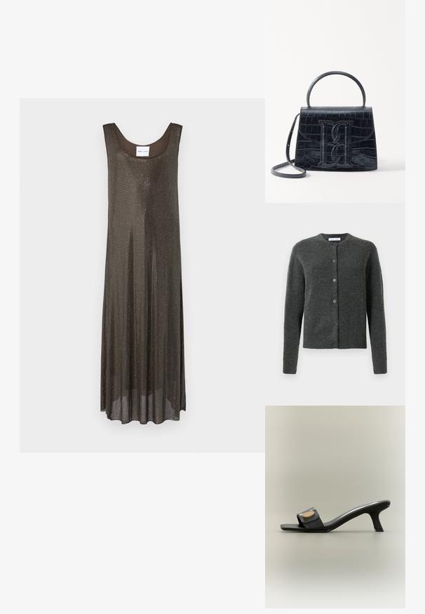 Cardigan button-up gris foncé avec manches longues et col rond, fabriqué en tissu tricot doux et texturé.; Robe maxi sans manches de couleur marron foncé avec une coupe décontractée et un petit motif de points métalliques sur l'ensemble, présentée sur un fond blanc.; Mule sandale noire à bout ouvert avec talon incurvé de hauteur moyenne et ornement ovale doré sur la large bride avant, posée sur un fond neutre.; Sac à main en cuir noir embossé en crocodile avec un design structuré, une poignée supérieure, une bandoulière ajustable et un détail de logo en avant bien visible.
