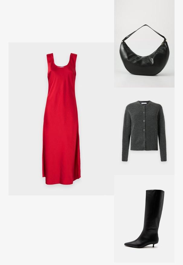 Cardigan button-up gris foncé avec manches longues et col rond, fabriqué en tissu tricot doux et texturé.; Robe maxi rouge sans manches avec un décolleté carré et des fentes sur les côtés. Fabriquée en tissu lisse, mettant en avant un design simple et épuré.; Botte noire en cuir jusqu'au genou avec bout pointu et petit talon kitten sur un fond clair uni.; Sac à épaule en cuir noir, de forme courbée, avec une texture douce et une seule sangle; il comporte une fermeture éclair dorée et un logo discret.