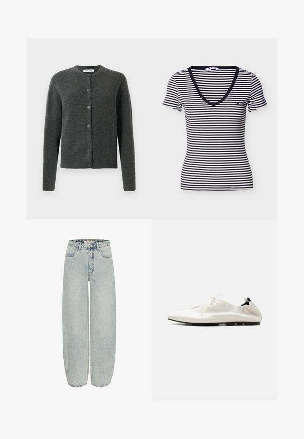 Σκουρό γκρι πουλόβερ με κουμπιά και μακριά μανίκια, με στρογγυλή λαιμόκοψη, φτιαγμένο από μαλακό υφαντό ύφασμα.; Μπλούζα με κοντά μανίκια σε οριζόντιες ρίγες ασπρόμαυρες, με V-λαιμόκοψη και μικρό λογότυπο στο αριστερό στήθος.; Ανοιχτού μπλε τζιν παντελόνι σε φάρδος με ψηλή μέση, πέντε τσέπες και ραμμένες ραφές. Περιλαμβάνει κλείσιμο με φερμουάρ μπροστά και κουμπί.; Λευκό μινιμαλιστικό δερμάτινο παπούτσι τύπου slip-on με αναδιπλούμενη φτέρνα, κλείσιμο με κορδόνια και λεπτή μαύρη σόλα σε μονόχρωμο φόντο.