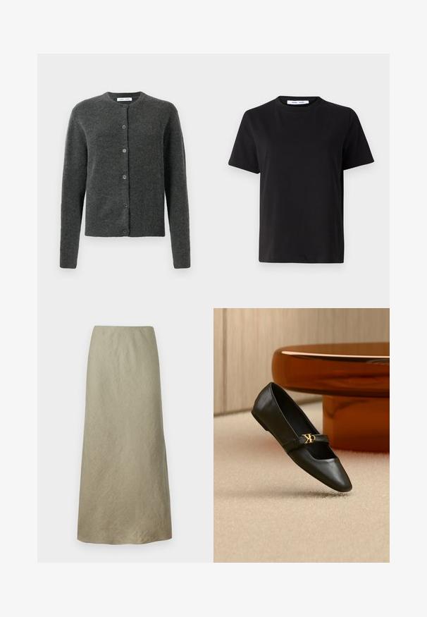 Cardigan button-up gris foncé avec manches longues et col rond, fabriqué en tissu tricot doux et texturé.; T-shirt noir à manches courtes en coton doux, avec un col rond, une coupe décontractée et une texture lisse. Pas de motifs ni de graphiques visibles.; Jupe évasée à longueur genou en tissu vert olive doux avec une texture subtile et sans fermetures ni embellissements visibles.; Chaussure plate en cuir noir avec bout pointu et logo CK doré sur la bride, posée sur un tapis beige près d'une table ronde couleur ambre brun.
