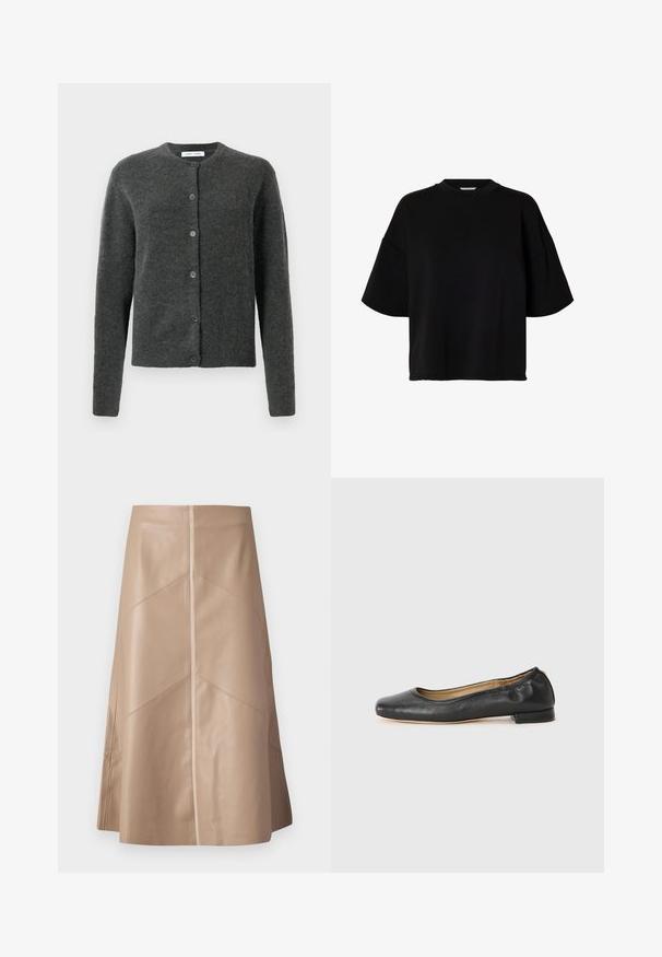 Cardigan button-up gris foncé avec manches longues et col rond, fabriqué en tissu tricot doux et texturé.; T-shirt noir à manches courtes, coupe ample, avec col rond et épaules tombantes, présenté sur fond blanc.; Jupe A-line en simili cuir beige avec des détails de panneaux subtils et une finition mate lisse, longueur genou et taille haute.; Ballerines en cuir noir avec un bout arrondi et des coutures minimales. Talon bas et rectangulaire avec une texture lisse. Détails subtils de doublure intérieure.