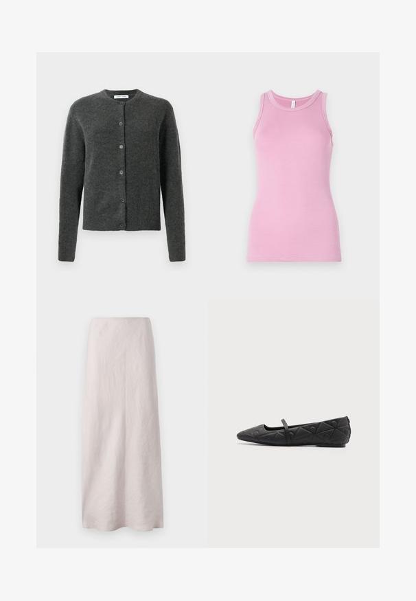 Cardigan button-up gris foncé avec manches longues et col rond, fabriqué en tissu tricot doux et texturé.; Top rose en débardeur avec une coupe ajustée, présentant un col rond et une texture côtelée. Aucun motif ni accent présent.; Jupe maxi en lin rose pâle au design épuré et droit. Le tissu présente une surface légèrement texturée et une taille élastique.; Chaussure plate noire à bout pointu avec motifs géométriques matelassés et une fine bride sur le cou-de-pied sur fond uni.