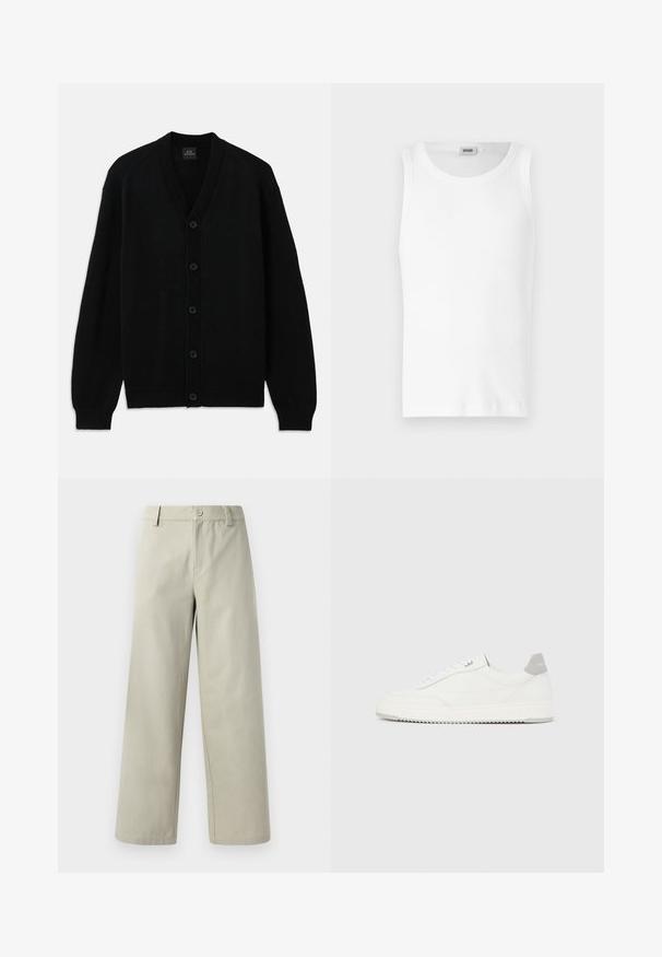 Cárdigan negro de punto con mangas largas, puños acanalados, cinco botones delanteros y cuello en V, colocado sobre un fondo blanco.; Camiseta sin mangas de algodón blanco con cuello redondo y una textura suave. Diseño sencillo, sin patrones ni acentos.; Han Kjøbenhavn WIDE LEG - Pantalones - light grey; Zapatilla blanca de corte bajo con pestaña en el talón gris, cordones blancos y suela texturizada, presentada sobre un fondo claro y liso.