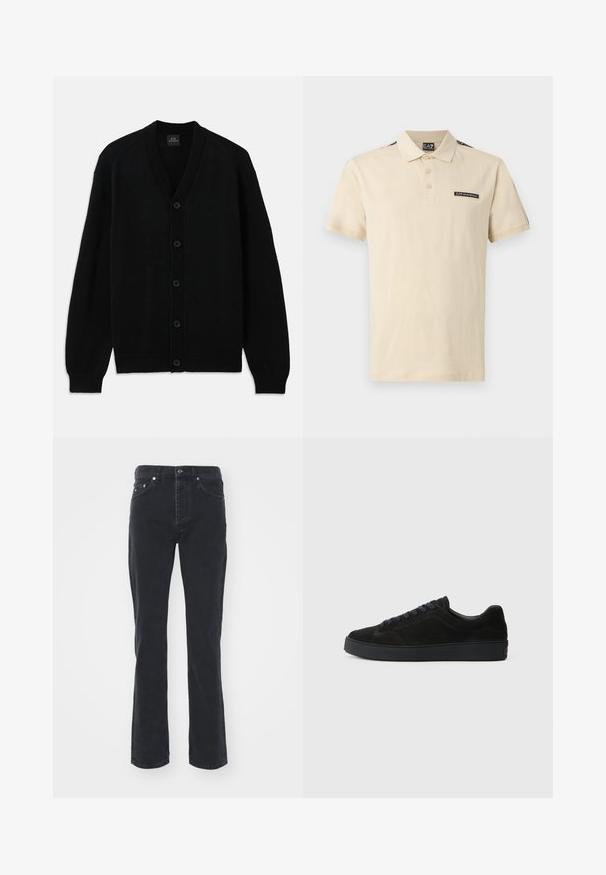 Cárdigan negro de punto con mangas largas, puños acanalados, cinco botones delanteros y cuello en V, colocado sobre un fondo blanco.; Polo beige de manga corta con cuello, tres botones y logo EA7 Emporio Armani en el pecho y en la etiqueta del cuello.; Vaqueros de mezclilla negra con un diseño de pierna recta, que cuentan con cinco bolsillos y un cierre de botón. La tela tiene una textura sutil y un acabado resistente.; Zapatillas de ante negro con suela plana y texturizada, puntera redondeada, seis ojetes para los cordones y un diseño minimalista.
