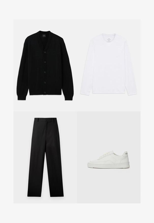 Schwarze Strickjacke mit langen Ärmeln, gerippten Bündchen, fünf vorderen Knöpfen und V-Ausschnitt, flach auf einem weißen Hintergrund ausgelegt.; Weiße Langarmshirts mit Rundhalsausschnitt und Armani Exchange-Logo im Nacken, Größe M.; Schwarze Baumwollhosen mit geradem Bein, ausgestattet mit einem vorderen Knopfverschluss und Seiten Taschen. Glatte Textur, keine Muster.; Weiße Ledersneaker mit glatter Oberfläche, runder Zehenpartie, flachen Schnürsenkeln und strukturiertem Sohlenprofil. Mit einem dezenten Logo an der Ferse.