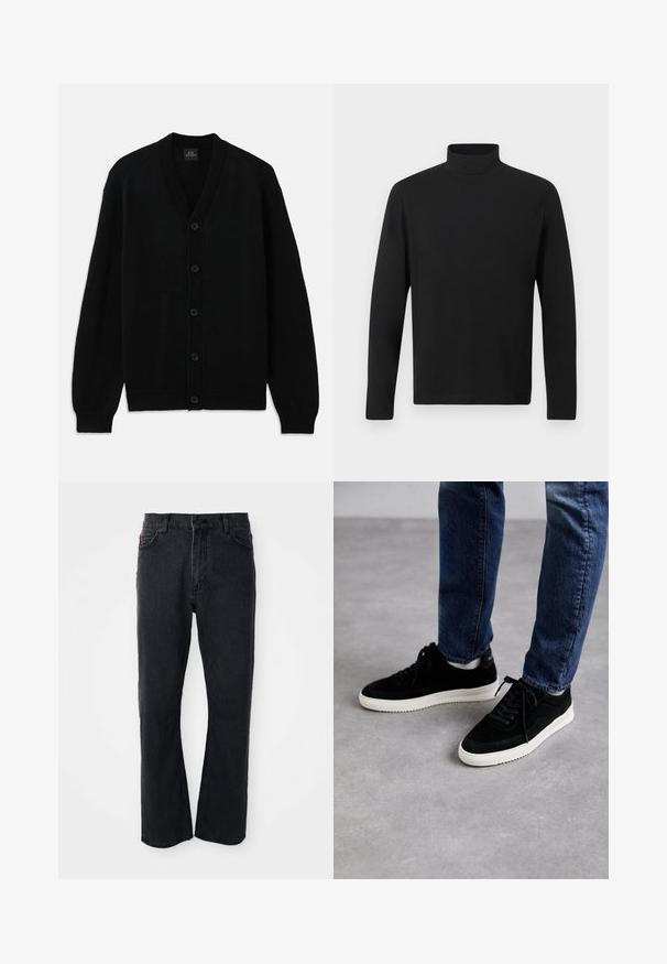 Schwarze Strickjacke mit langen Ärmeln, gerippten Bündchen, fünf vorderen Knöpfen und V-Ausschnitt, flach auf einem weißen Hintergrund ausgelegt.; Schwarzes Rollkragenhemd aus glattem Stoff. Hat lange Ärmel und einen hohen Kragen. Einfaches Design ohne zusätzliche Muster oder Akzente.; Schwarze Denim-Jeans mit geradem Bein, hoher Taille, Knopfverschluss und dezenten Nähdetails an den Taschen und Nähten.; Schwarze Wildledersneaker mit einer weißen Gummisohle, die ein klassisches Low-Top-Design, eine abgerundete Spitze und flache schwarze Schnürsenkel aufweisen.